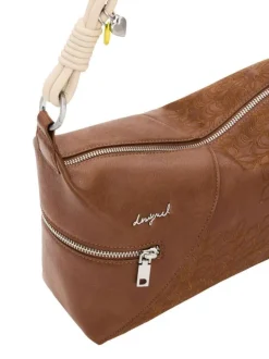 Sac porté épaule camel avec des motifs floraux muni d'une bandoulière