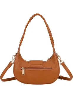 Sac porté épaule camel uni pourvu d'une anse arrondie avec des détails tressés