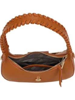 Sac porté épaule camel uni pourvu d'une anse arrondie avec des détails tressés