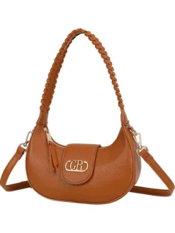 Sac porté épaule camel uni pourvu d'une anse arrondie avec des détails tressés