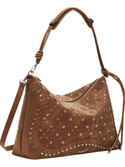 Sac porté épaule camel zippé avec des œillets et des clous décoratifs