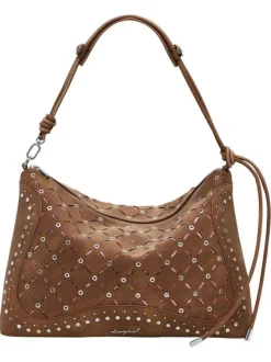 Sac porté épaule camel zippé avec des œillets et des clous décoratifs