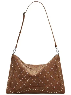 Sac porté épaule camel zippé avec des œillets et des clous décoratifs