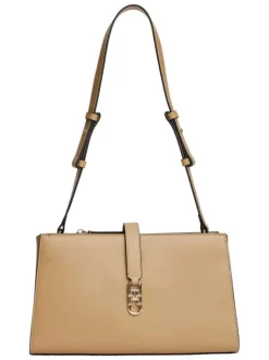 Sac porté épaule caramel uni avec fermeture aimantée et logo doré