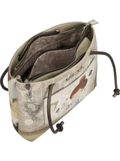 Sac porté épaule écru imprimé avec une poche extérieure zippée à l'arrière
