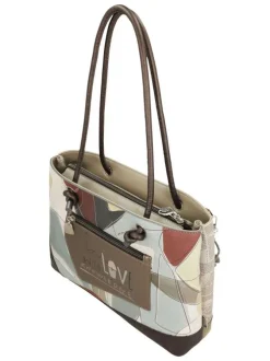 Sac porté épaule écru imprimé avec une poche extérieure zippée à l'arrière