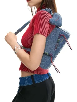 Sac porté épaule en coton bleu denim uni pourvu d'une anse