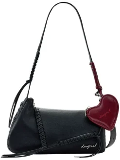Sac porté épaule en coton noir uni muni d'une anse et d'un porte-clé