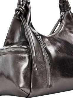 Sac porté épaule gris métallisé avec une anse en accordéon et des poches zippées