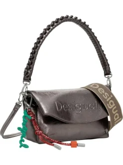 Sac porté épaule gris métallisé avec une anse tressée et un rabat aimanté