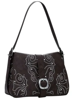 Sac porté épaule marron à motifs cloutés avec une ceinture décorative