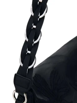 Sac porté épaule noir avec des motifs floraux pourvu d'une anse