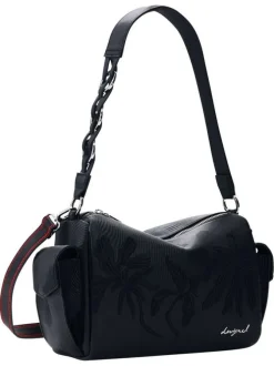 Sac porté épaule noir floral muni d'une anse et d'une bandoulière