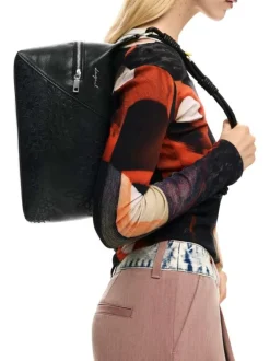 Sac porté épaule noir à motifs floraux muni d'une anse et d'une bandoulière