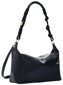 Sac porté épaule noir à motifs floraux muni d'une anse et d'une bandoulière