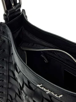 Sac porté épaule noir uni avec un revêtement tressé muni d'une anse
