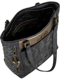 Sac shopping anthracite pourvu de multiples poches et orné de motifs exclusifs