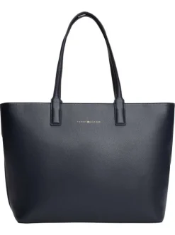 Sac shopping marine uni avec logo doré embossé et fermeture zippée