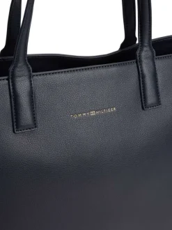 Sac shopping marine uni avec logo doré embossé et fermeture zippée