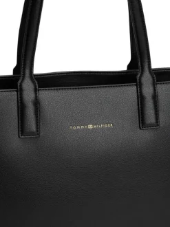 Sac shopping noir uni avec logo doré embossé et fermeture zippée