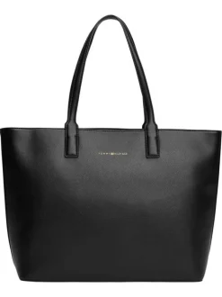 Sac shopping noir uni avec logo doré embossé et fermeture zippée