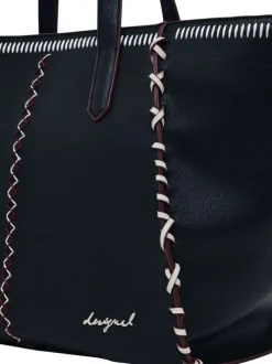Sac shopping noir uni en simili-cuir avec 1 bandoulière amovible et 2 anses