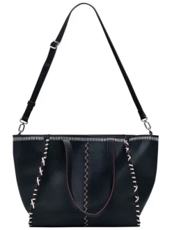 Sac shopping noir uni en simili-cuir avec 1 bandoulière amovible et 2 anses