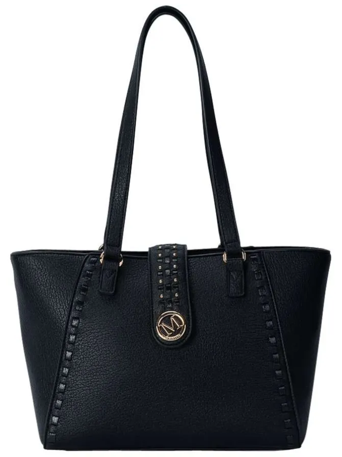 Sac shopping noir uni muni de 2 anses et d'une fermeture à zip