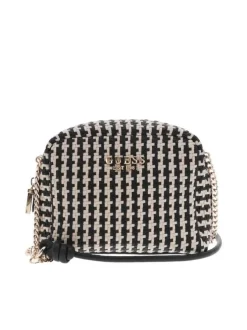 Sac tressé beige et noir à porté épaule avec détails dorés et bandoulière