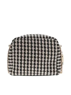 Sac tressé beige et noir à porté épaule avec détails dorés et bandoulière