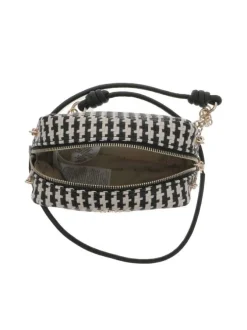 Sac tressé beige et noir à porté épaule avec détails dorés et bandoulière