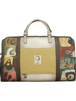 Sac weekender beige à imprimé avec deux anses et une bandoulière