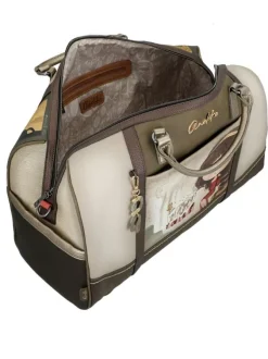 Sac weekender beige à imprimé avec deux anses et une bandoulière
