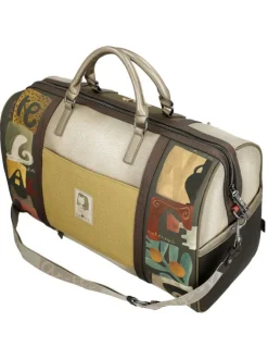Sac weekender beige à imprimé avec deux anses et une bandoulière