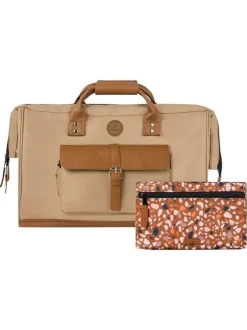 Sac weekender taupe uni avec deux pochettes et des bretelles au dos