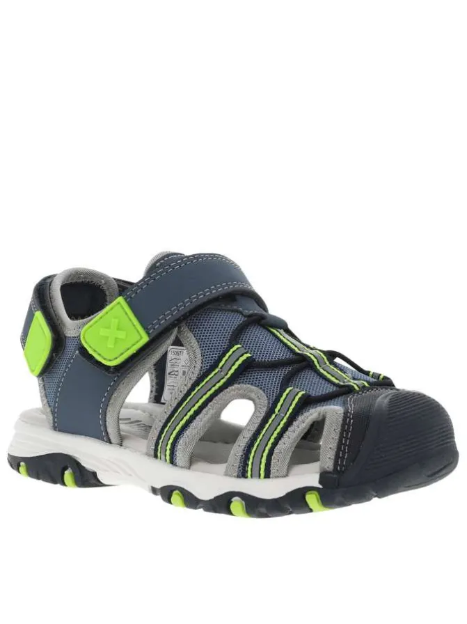 Sandales bleu jean et vert fluo avec 2 bandes auto-agrippantes