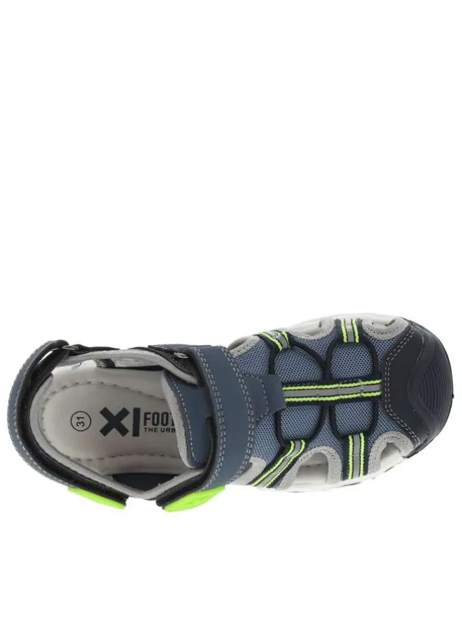 Sandales bleu jean et vert fluo avec 2 bandes auto-agrippantes
