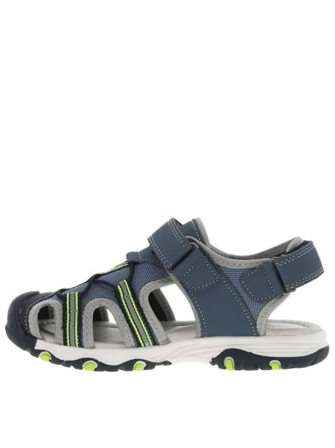 Sandales bleu jean et vert fluo avec 2 bandes auto-agrippantes