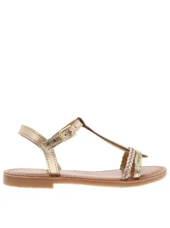 Sandales fille en cuir or à semelle plate et à fermeture avec une boucle