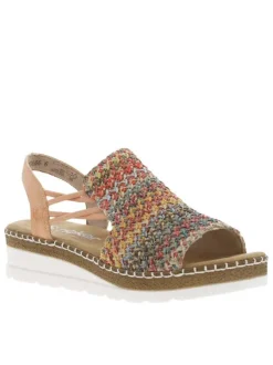 Sandales abricot avec une tige en tressage multicolore et à talon compensé