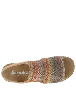 Sandales abricot avec une tige en tressage multicolore et à talon compensé