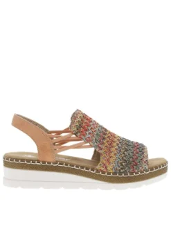 Sandales abricot avec une tige en tressage multicolore et à talon compensé