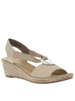 Sandales beiges avec une sangle élastiquée et à talon compensé