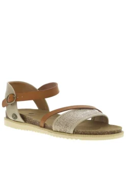 Sandales beiges et camel avec une sangle en raphia tressée et une semelle plate