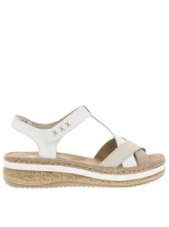 Sandales blanches et beiges à talon compensé et avec des sangles