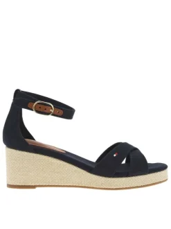 Sandales bleues marine à talon compensé et à boucle à ardillon à la cheville