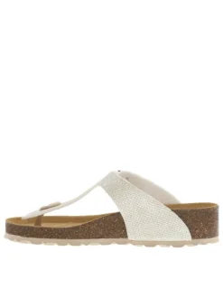 Sandales effet métallisé beige à talon compensé avec boucle à ardillon et entre-doigts