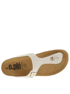 Sandales effet métallisé beige à talon compensé avec boucle à ardillon et entre-doigts