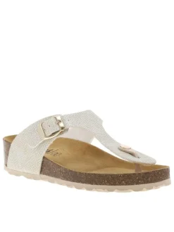 Sandales effet métallisé beige à talon compensé avec boucle à ardillon et entre-doigts