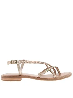 Sandales en cuir beiges satinées à sangles tressées et à talon décroché bas
